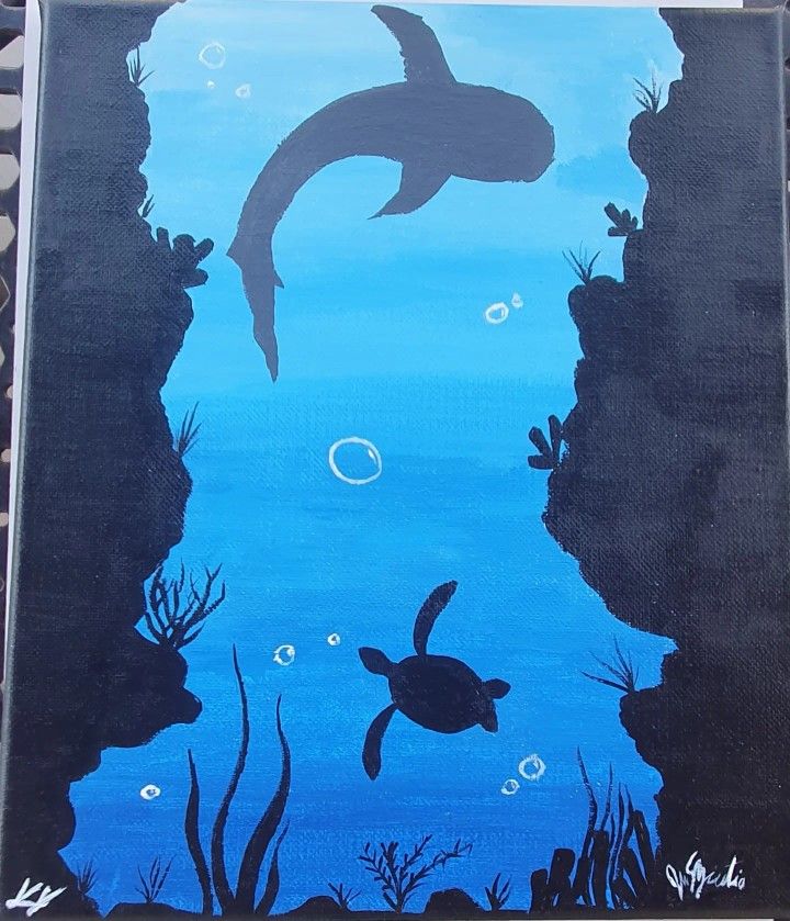 an acrylic painting of two sea animals swimming in the ocean