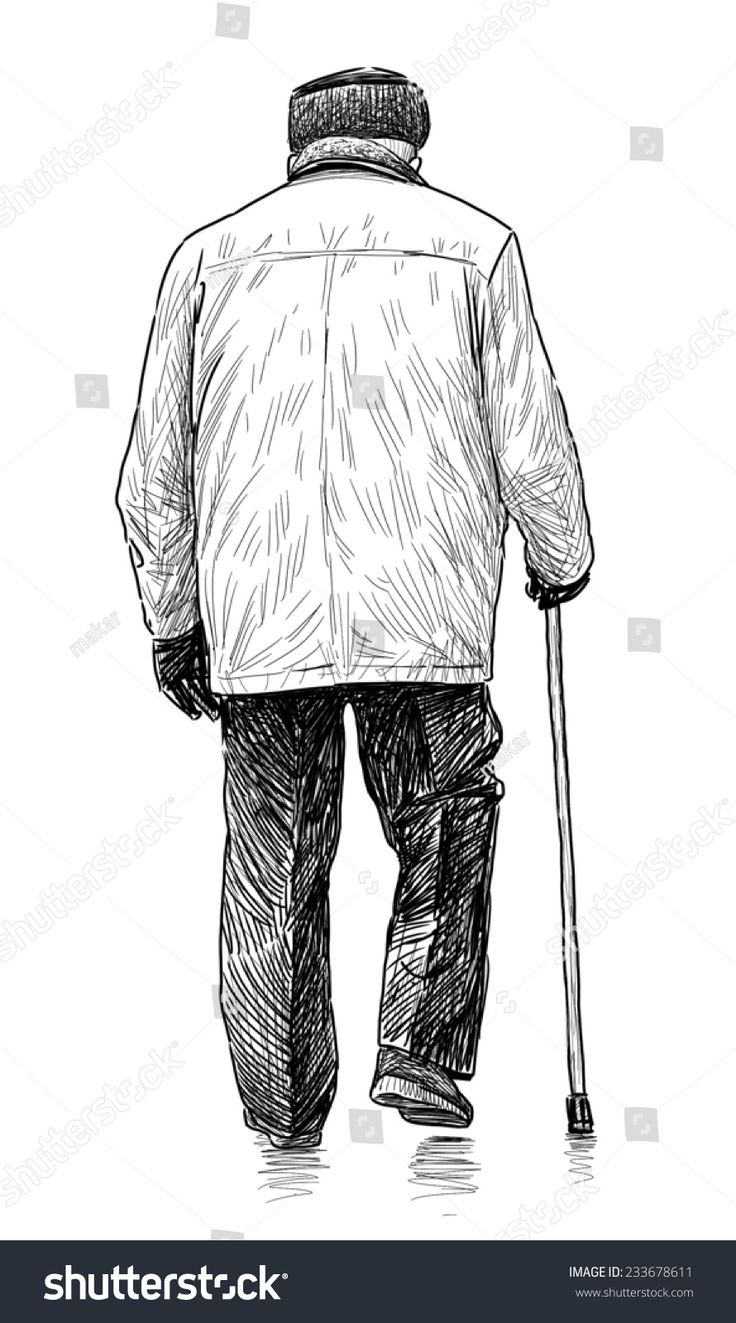 an old man with a cane walking down the street in winter clothes hand drawn sketch