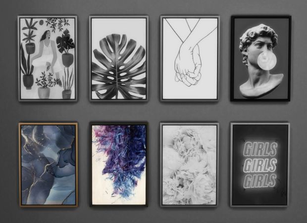 six framed art pieces with different types of plants and people's hands on them