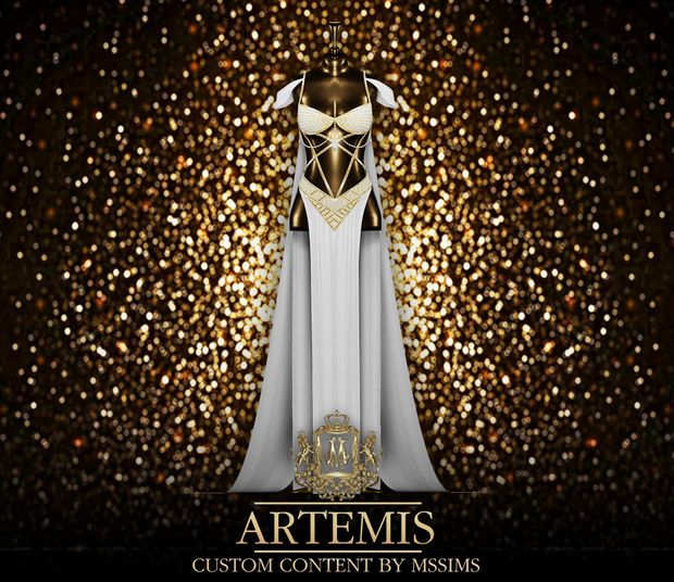 an image of a woman dressed in white and gold with the words artemis on it