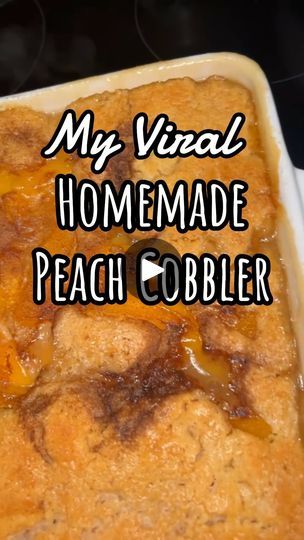 a casserole dish with peach cobbler toppings in it and the words, my virtual homemade peach cobbler