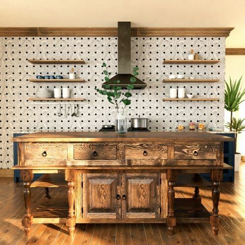 a kitchen with wooden floors and shelving on the wall