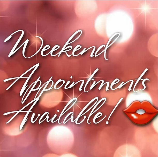 the words weekend appointments available are in white lettering on a pink background with sparkling lights