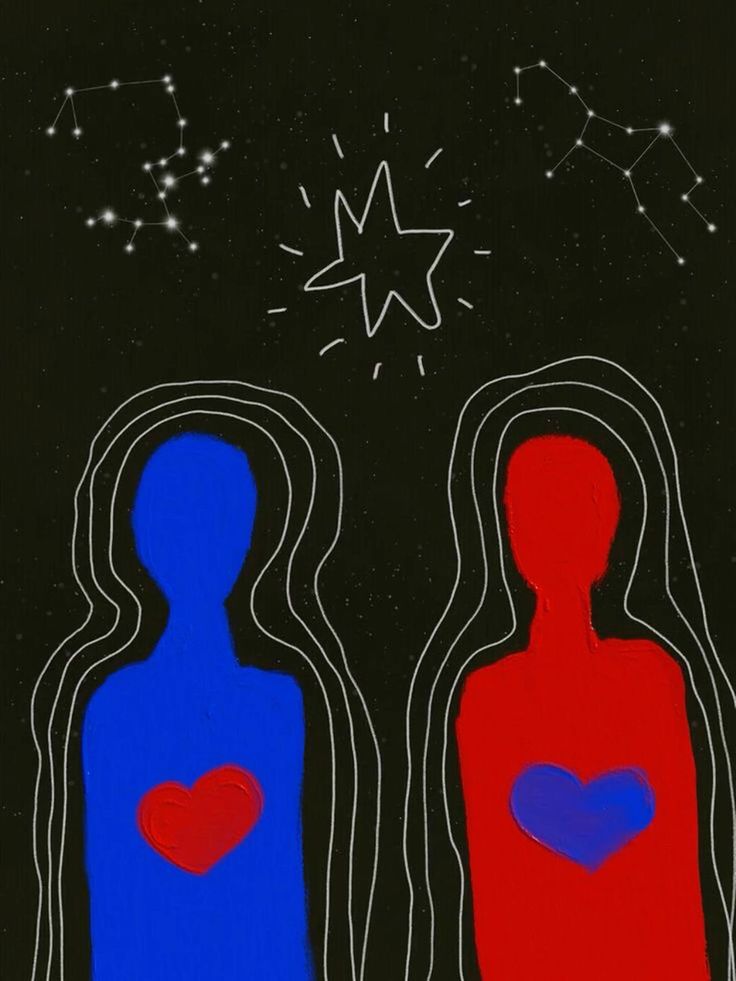 an image of two people with hearts in their hands and the stars above them on a black background