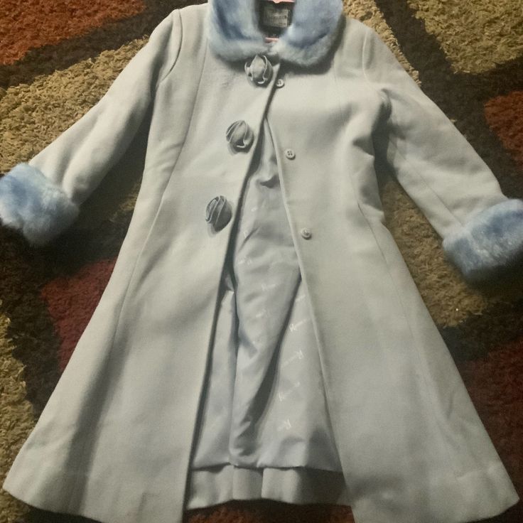 Great Condition, Never Worn Fashionable Winter Coat, Light Blue Winter Outerwear With Buttons, Fitted Light Blue Outerwear With Buttons, Fitted Light Blue Outerwear With Button Closure, Light Blue Long Sleeve Outerwear With Buttons, Classic Light Blue Long Sleeve Outerwear, Classic Light Blue Winter Outerwear, Classic Light Blue Outerwear For Fall, Blue Outerwear For Cold Weather With Button Closure