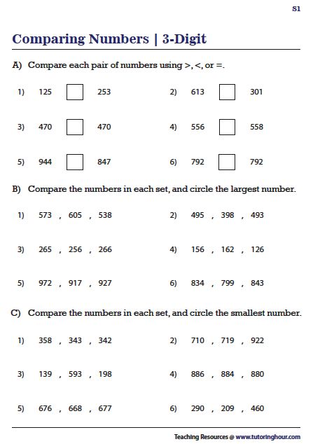 comparing numbers to find the least place for each number in this worksheet, you can