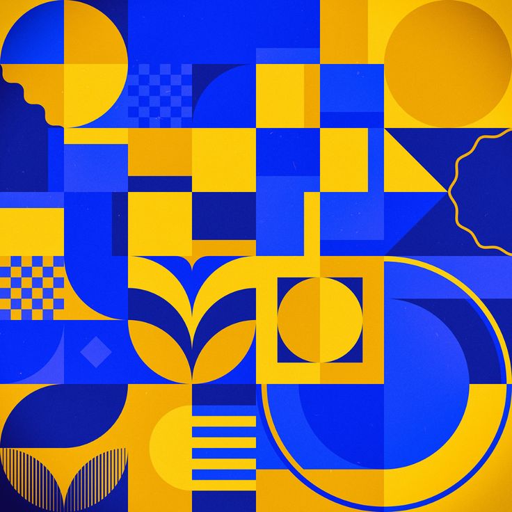 a blue and yellow abstract painting with circles, squares, and shapes in the background