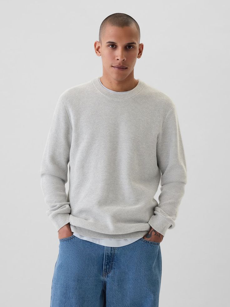 Soft, textured cotton sweater.  Crewneck.  Long sleeves.  Banded hem.  Fit: Classic.  A straight & easy fit.  Hits at the hip.  Models are 6′1″–6′2″ 185 cm–188 cm) with a 31″ 79 cm) waist & 32–33″ 81 cm–84 cm) inseam & are wearing Gap Gap Relaxed Fit Sweatshirt With Ribbed Cuffs, Gap Cotton Sweater With Relaxed Fit, Gap Cotton Relaxed Fit Sweater, Gap Cotton Sweater In Relaxed Fit, Gap Relaxed Fit Cotton Sweater, Gap Cotton Sweater For Fall, Gap Relaxed Fit Sweatshirt, Gap Cotton Crew Neck Sweatshirt, Gap Long Sleeve Sweatshirt With Ribbed Cuffs