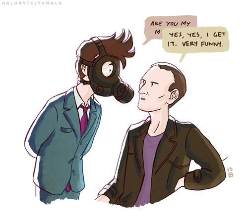 a man in a suit and gas mask talking to another man with a speech bubble above his head