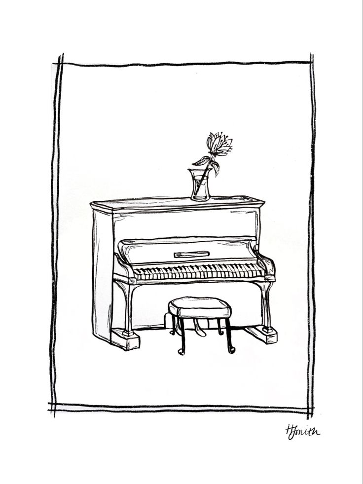 a black and white drawing of a piano with a flower in it's vase