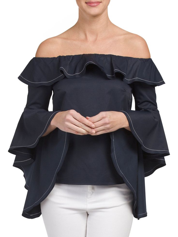 product description stitching, ruffle trim bell sleeve, off the shoulder polyester/cotton imported hand wash Off Shoulder Sleeves, Frilly Top, Ruffle Bell Sleeve, Off The Shoulder Top, Ruffle Trim, Bell Sleeve, Shoulder Sleeve, Off Shoulder Blouse, Shoulder Top