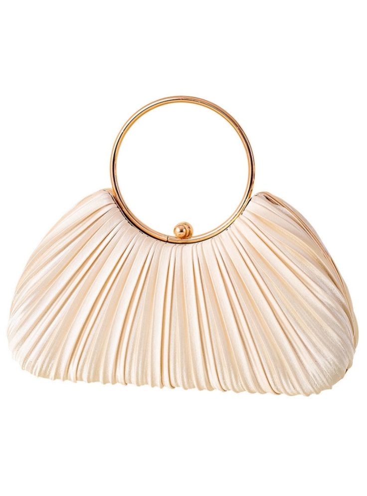 Harmoniously blending classic design with a modern twist, this elegant handbag is a must-have accessory for any fashion-forward individual. The beautiful pleated exterior, made from a soft ivory fabric, exudes sophistication and grace. The unique circular gold handle not only adds a touch of luxury but also provides a comfortable and stylish way to carry the bag. Inside, there is ample space for your evening essentials, making this handbag as functional as it is beautiful. The secure closure ens Cream Top Handle Party Bags, Party Cream Top Handle Bag, Cream Top Handle Party Bag, Elegant Evening Bag With Round Handle, Cream Top Handle Bag For Party, Cream Party Bag With Detachable Handle, Party Cream Bag With Detachable Handle, Cream Evening Bag With Detachable Handle, Chic Evening Bag With Round Handle