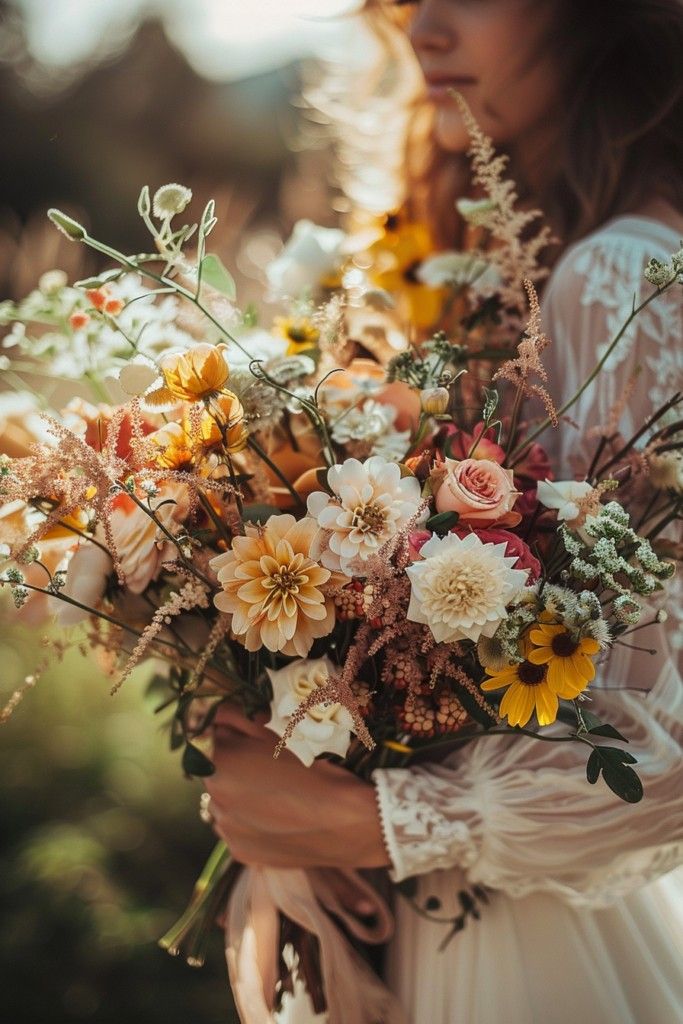 a woman holding a bouquet of flowers in her hands