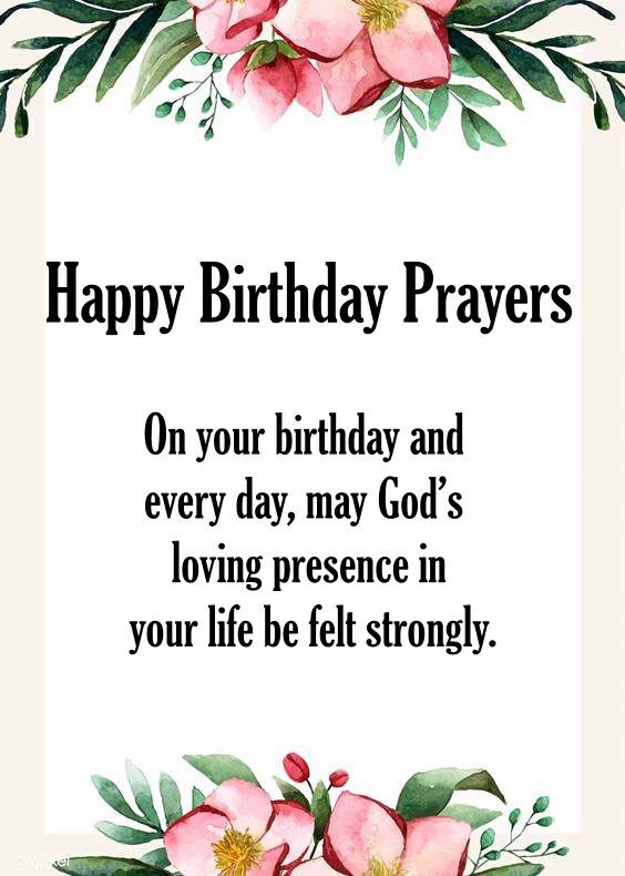 a birthday card with pink flowers and green leaves on the bottom reads, happy birthday prayer