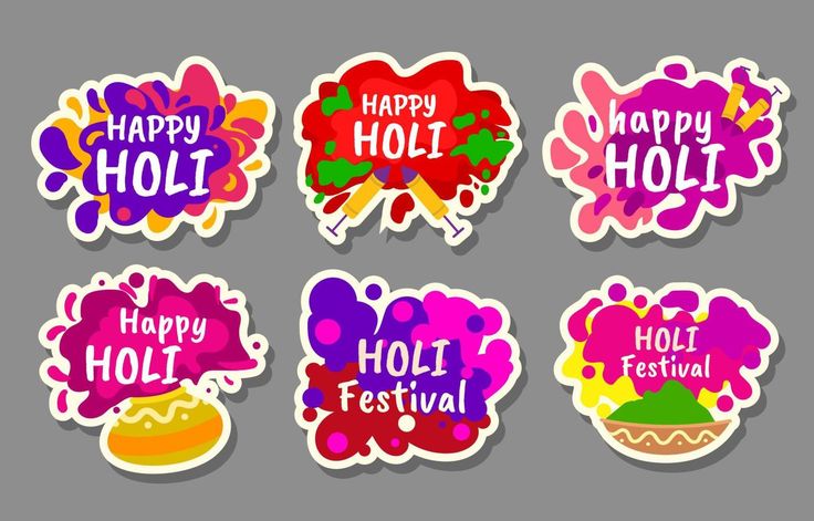 four stickers with the words happy holi written in different colors and designs on them