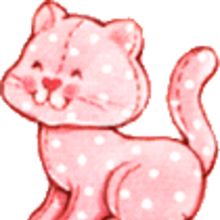 a pink cat with white polka dots on it's body and tail, sitting down