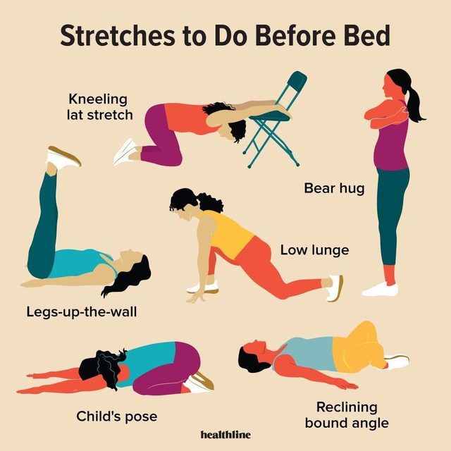 a woman doing stretches to do before bed with the words stretching on her chest and legs