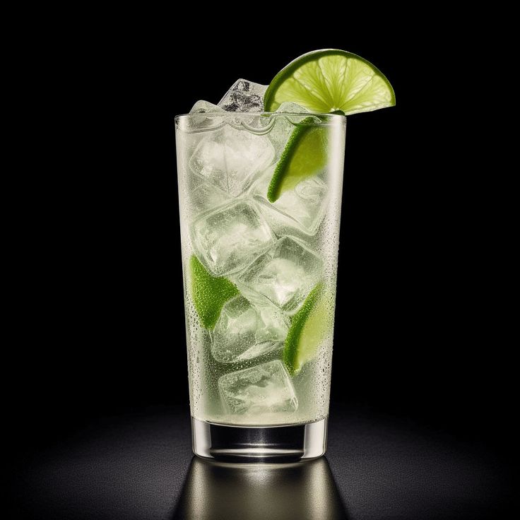 a tall glass filled with ice and lime wedged into it's rim, on a black background