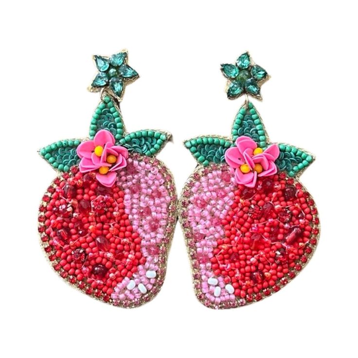 two strawberry shaped earrings with flowers and leaves on the front, one in pink and green