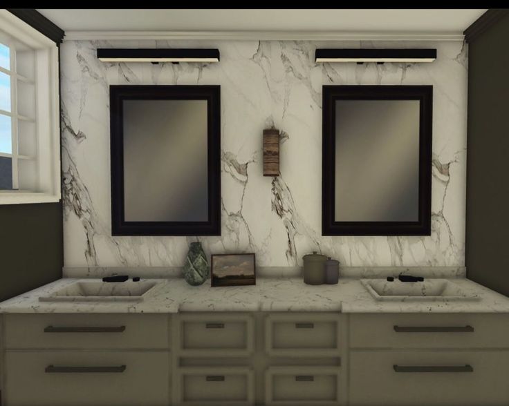 a bathroom with two sinks and mirrors in the wall next to each other on top of a counter