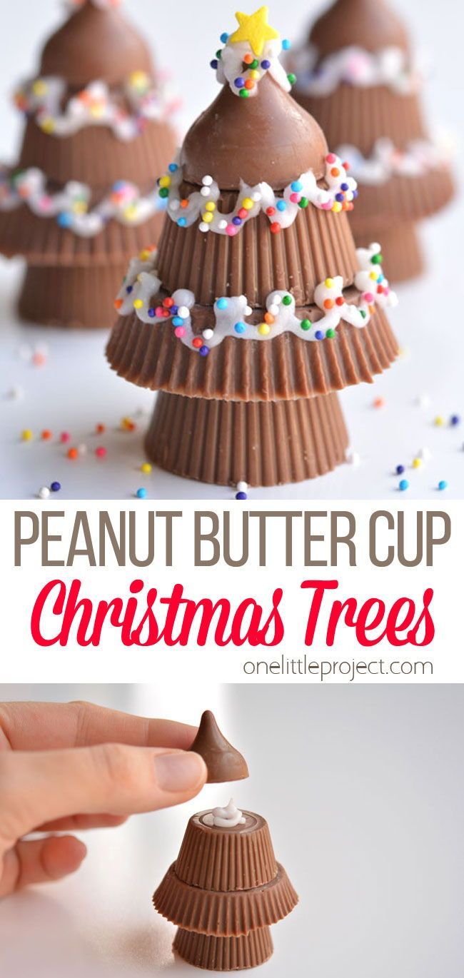 chocolate peanut butter cup christmas trees with sprinkles on top and the text overlay reads, peanut butter cup christmas trees