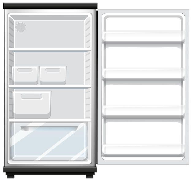 an open refrigerator with the door wide open and no ice maker on it's side