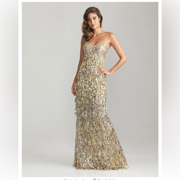 Nwt Night Moves By Allure Style # 6634 - Gold Sequin Fringe Floor Length Prom Gown - Size 2 - Side Zipper, Strapless Measurements: Across The Middle Of Bust 14" Right Below Bust 12" Hips 16" Length From Top Of Back Of Dress To Bottom Of Fringe 52" It Is Side Zip From Top Of Dress To Right At Hips. I Would Be Glad To Look At An Offer. Thanks! Gold Sequin Dress Long, Sequin Dress Long, Prom Dresses Gold, Gold Dresses Long, Prom Night Dress, Prom Dress 2012, Evening Wear Dresses, Long Sequin Dress, Night Moves