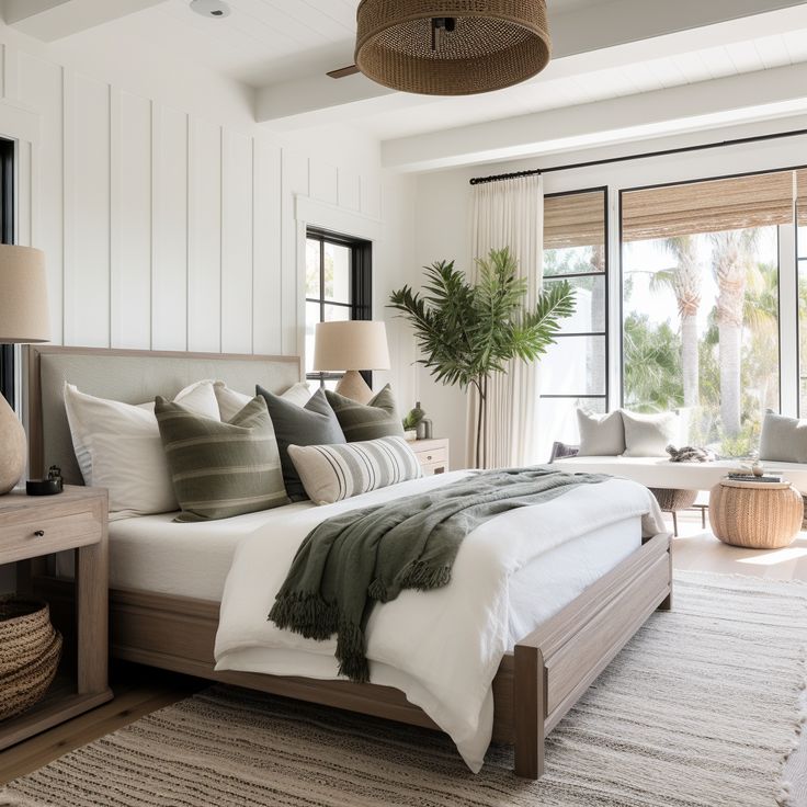 a bedroom with white walls and wooden furniture