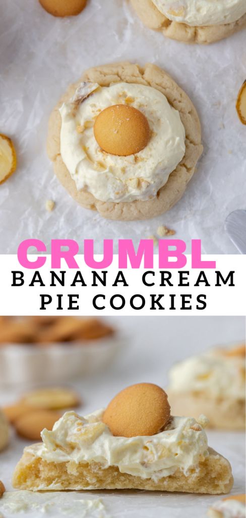 some cookies with cream on them and the words crumbl banana cream pies