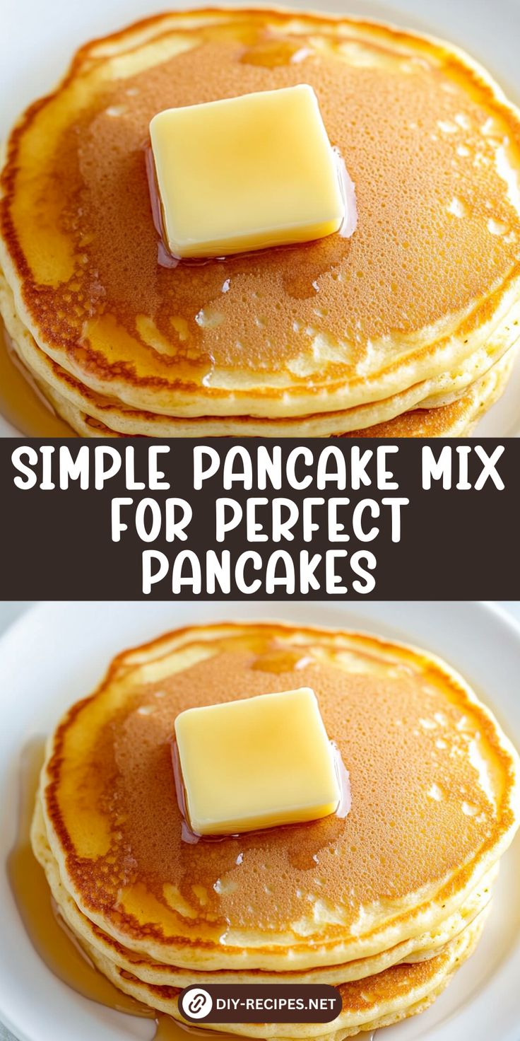 pancakes with butter and syrup on top are shown in two different pictures, one is topped with