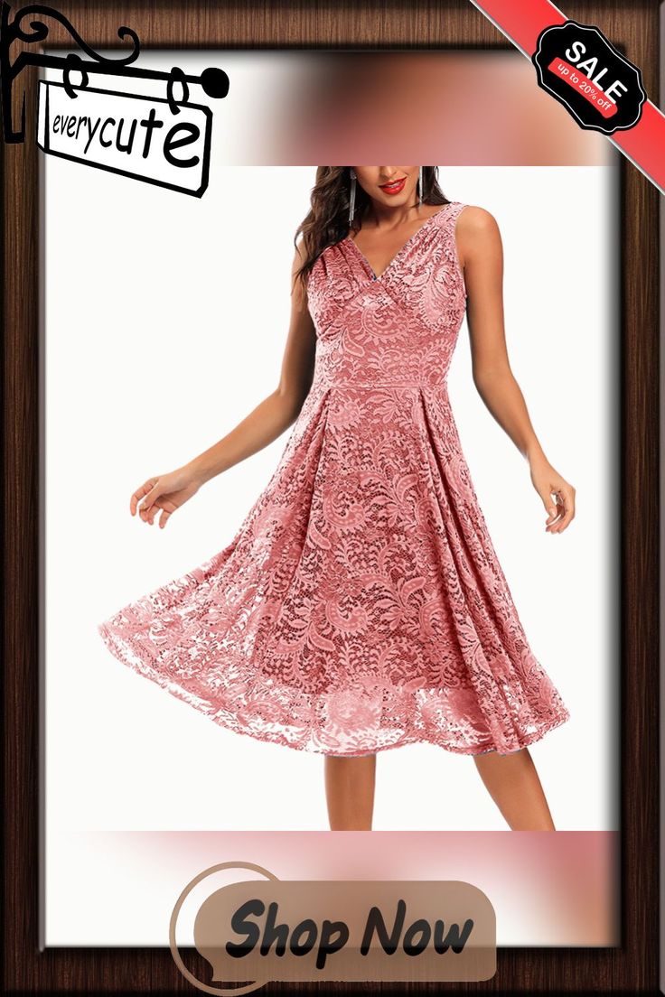 Pink Sleeveless V Neck Lace Swing Evening Dress Sleeveless Pink Lace Midi Dress, Pink Non-stretch Sleeveless Dress, Pink Lace Sleeveless Dress, Non-stretch Sleeveless Evening Dress, V-neck Sleeveless Lace Dress For Spring, Spring V-neck Sleeveless Lace Dress, Neck Lace, Dresses Evening, Women Dresses