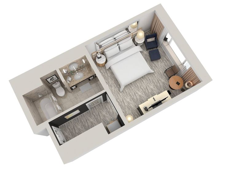 an overhead view of a bedroom and living room in a one - bedroom apartment at the grove apartments