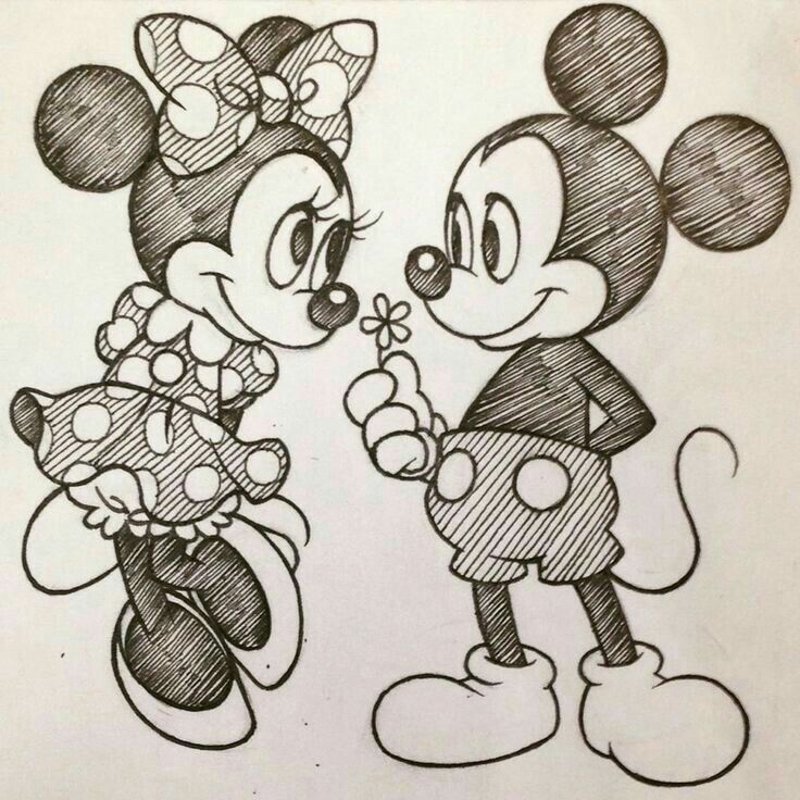 a drawing of mickey and minnie mouse with one pointing at the other's head