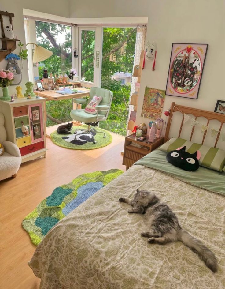 a cat laying on top of a bed in a room with lots of windows and furniture