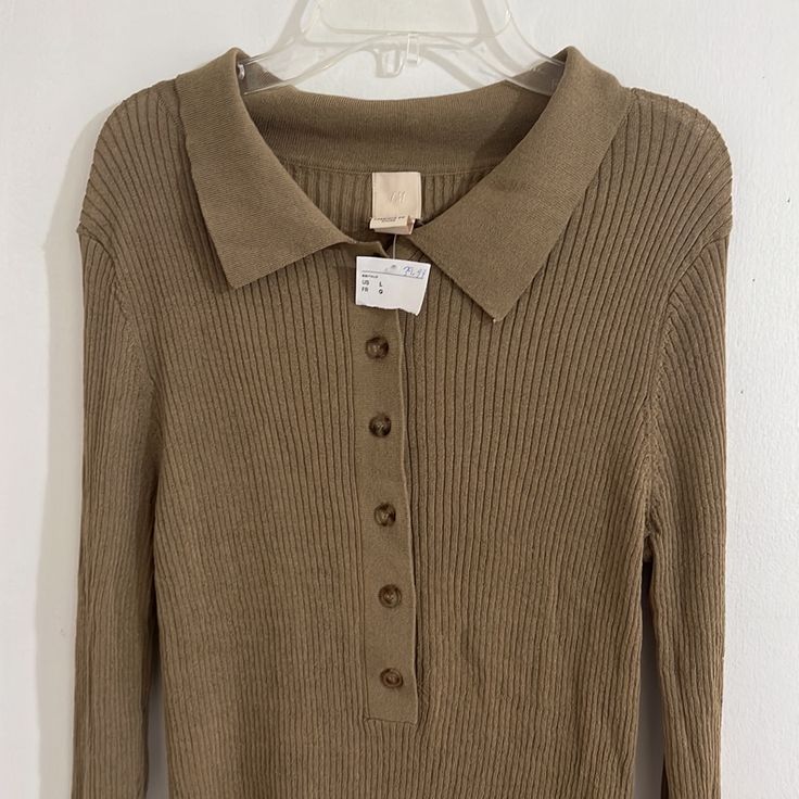 H&M Basic Ribbed Polo Sweater Stretch, Can Fit For Xl Too Collared Ribbed Sweater For Spring, Spring Ribbed Collared Sweater, H&m Brown Long Sleeve Tops, Classic H&m Tops For Fall, Classic H&m Fall Tops, H&m Brown Tops For Fall, H&m Winter Tops, Polo Neck Sweater, Polo Sweater