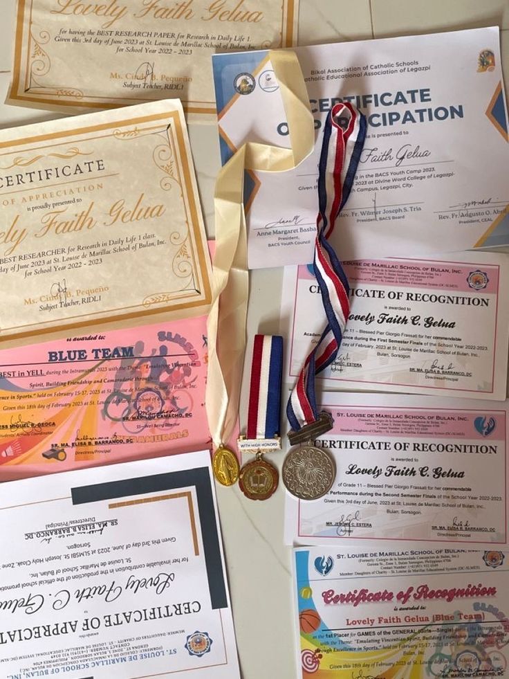 several awards and ribbons are laid out next to each other