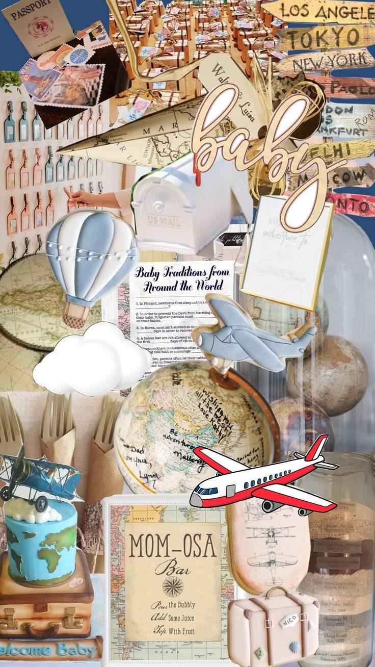 a collage of travel related items including an airplane