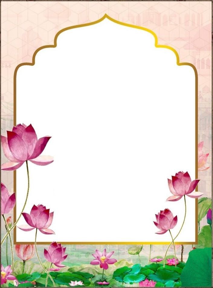 an ornate frame with pink flowers and water lilies in the foreground, on a green background