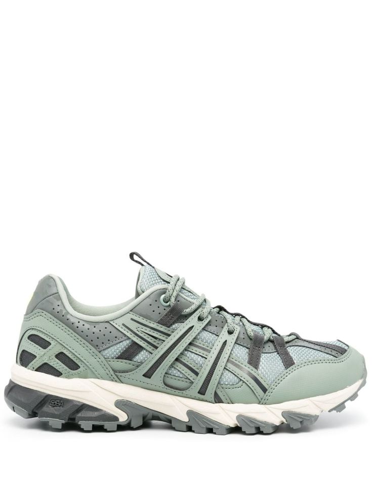 grey/green panelled design mesh panelling round toe logo-embroidered tongue branded heel counter padded ankle branded insole rubber sole front lace-up fastening Functional Green Sneakers With Abzorb Midsole, Green Low-top Trail Running Shoes For Jogging, Green Mesh Sneakers With Vibram Sole, Functional Asics Sneakers With Rubber Sole, Asics Sneakers With Vibram Sole For Jogging, Outdoor Green Running Shoes With Waffle Outsoles, Asics Low-top Mesh Sneakers, Asics Gray Lace-up Running Shoes, Asics Mesh Lace-up Sneakers