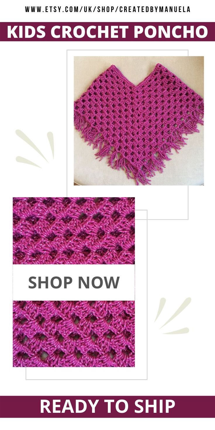 a pink crocheted shawl with the words kids crochet poncho on