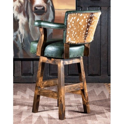 Chisum TX Green  Barstool | Axis Hide | Leather - Adobe Interiors Axis Deer Hide, Adobe Interior, Cozy Lodge, Adobe Home, Deer Hide, Iron Lamp, Ranch Home, Swivel Stool, Hand Forged Iron