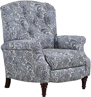 a gray and white patterned chair with wooden legs on a white background, it has an intricate paisley print upholstered armrest