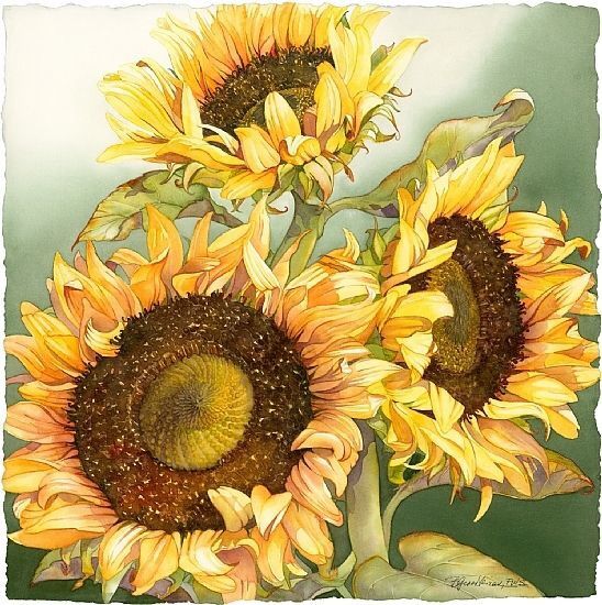 a painting of sunflowers with green leaves and yellow flowers in the foreground