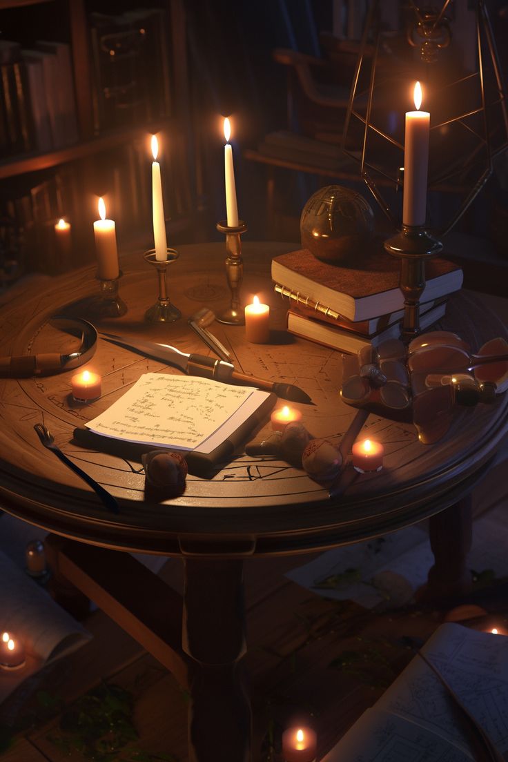 a table topped with books and candles next to an open book on top of a wooden table