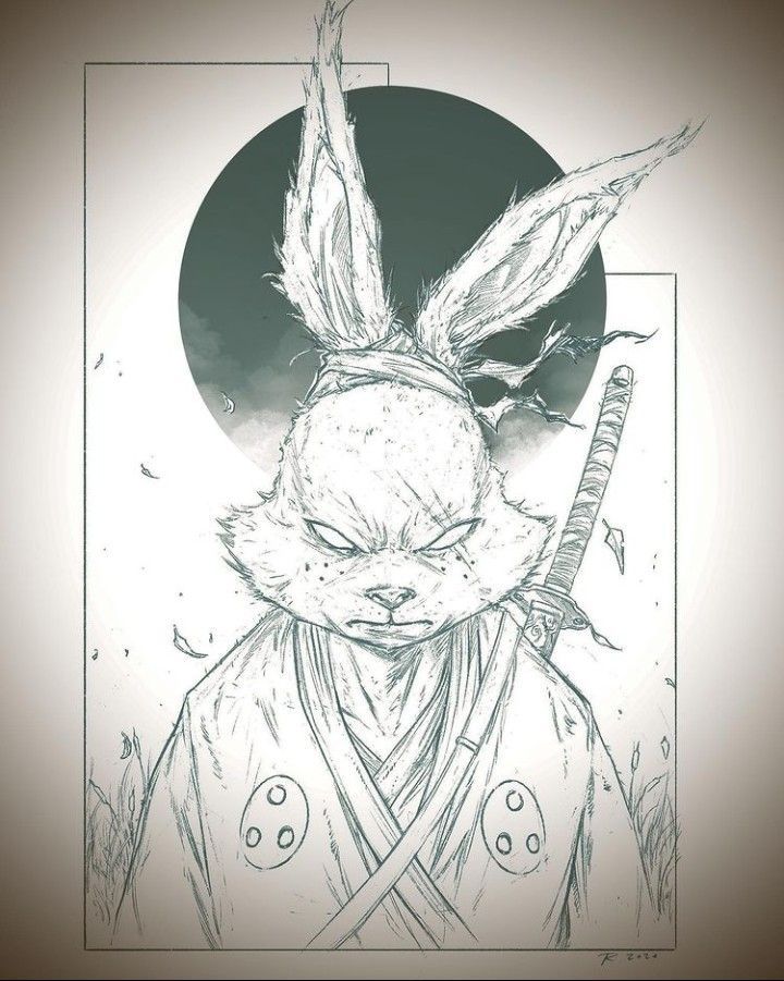 a drawing of a rabbit wearing a headdress and holding a knife in its hand