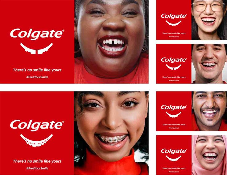 four different images of smiling people with colgate's logo on their faces and the words colgate above them