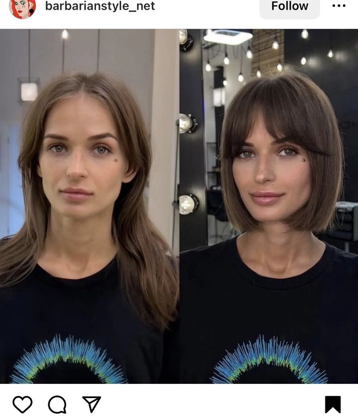 Lob Fringe Bangs, Before And After Lob Haircut, Lob Before And After, Long To Bob Before And After, Brown Bob With Fringe, Bob Vs Long Hair, Medium Length Haircut With Fringe, Long Vs Short Hair Before And After, Bangs With A Bob