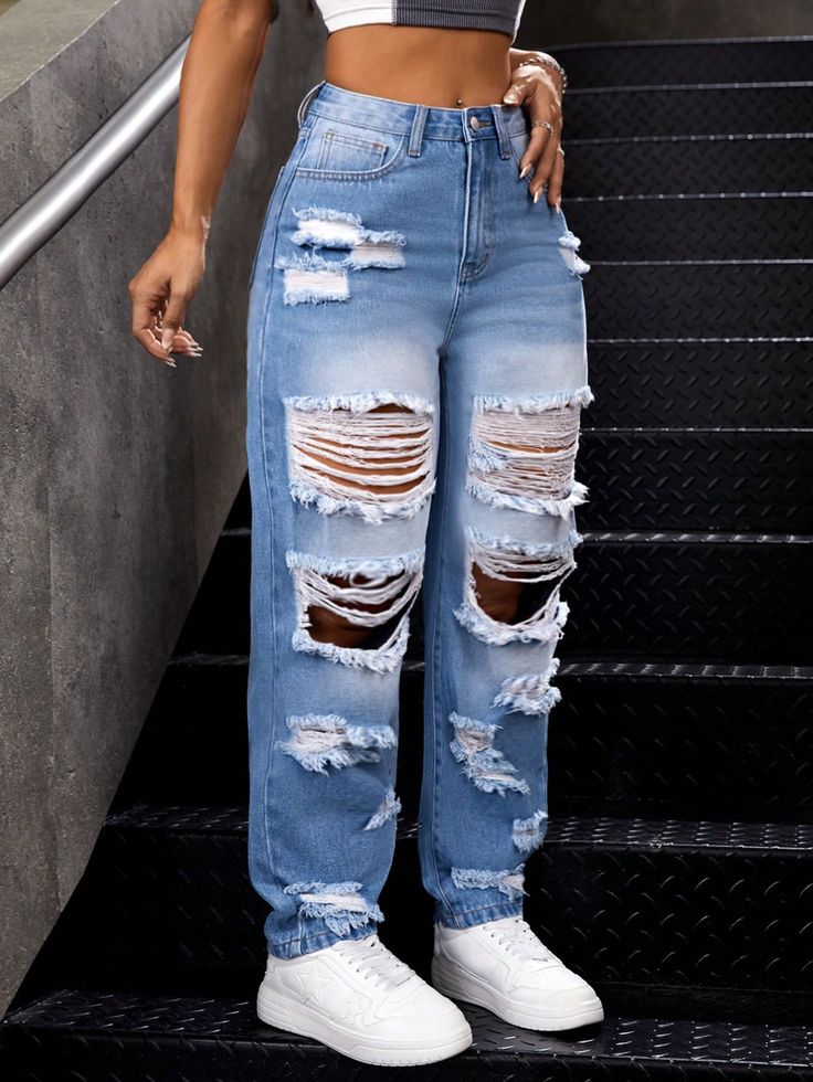 Blue  Collar  Denim Plain Tapered/Carrot Embellished Non-Stretch  Women Clothing Ripped Jeans Aesthetic, Fancy Pants Outfit, Tomboy Stil, Cute Ripped Jeans, Ripped Jeans Women, Womens Ripped Jeans, Moda Denim, Bleu Azur, Outfit Inspo Casual