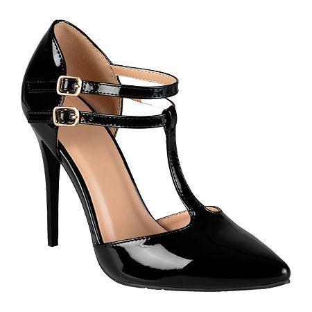 Show off stunning style in shiny t-strap pumps by Journee Collection. These sleek cut-out pumps feature premium faux leather uppers with a lustrous patent finish and a modern double t-strap design.Features: LightweightShoe Heel Height: HighSole Material Content: 100% PolyurethaneToe Type: Pointed ToeHeel Style: Stacked HeelCountry of Origin: Imported Stiletto Pumps, Journee Collection, Heels Black, Shoes Pumps, T Strap, Pumps Heels, Pumps, Heels, Leather