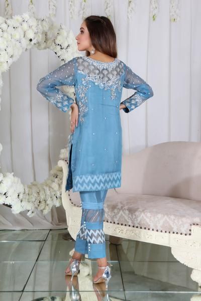 Designer Outfit, Pale Turquoise, Embroidered Organza, Wedding Dresses For Girls, Pakistani Designers, Desi Fashion, Silk Thread, Shirt And Pants, Pakistani Fashion